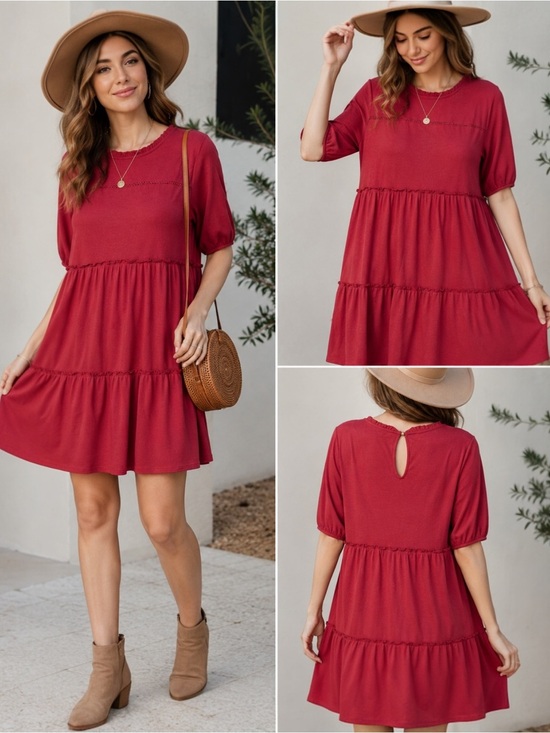 Knox Rose Dresses & Skirts - Knox Rose XXL Berry Red Tiered Babydoll Dress Boho Puff Sleeve Keyhole Back